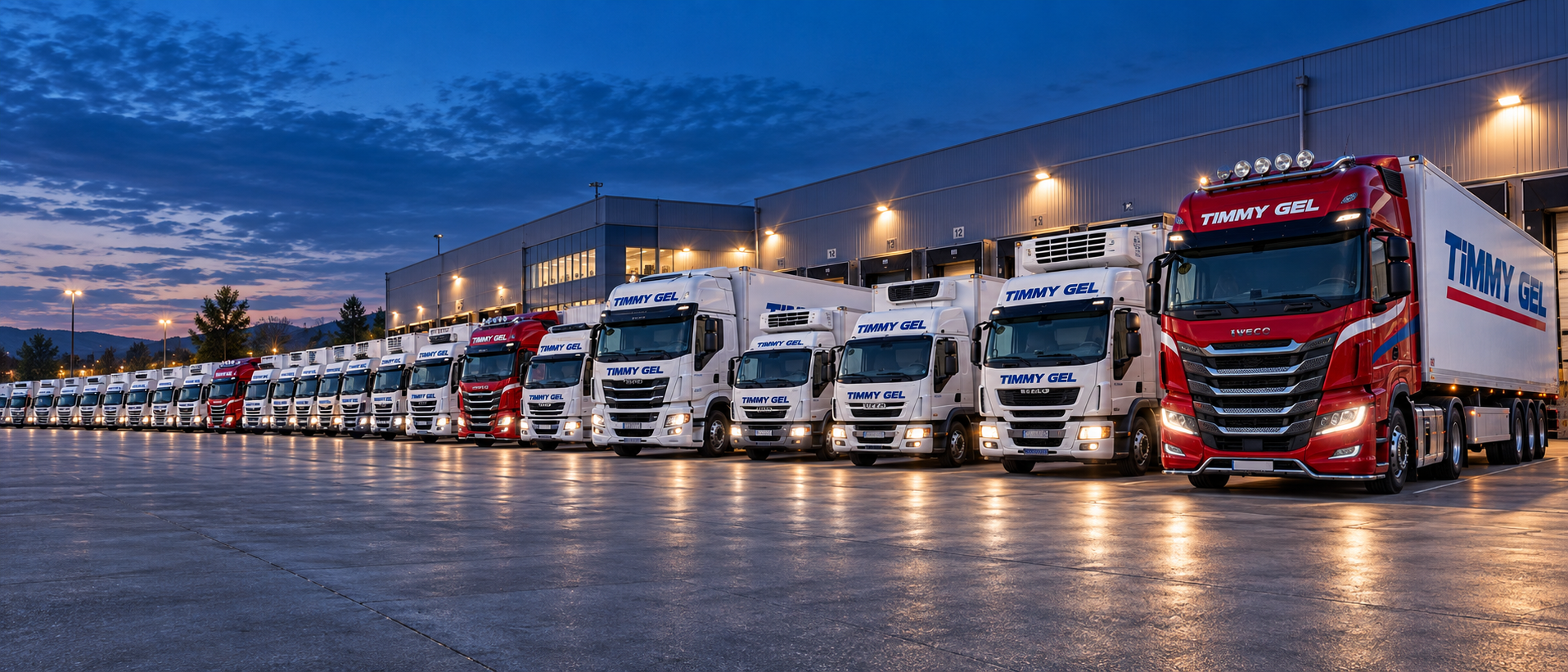 Flotta di camion refrigerati Timmy Gel nel piazzale del magazzino